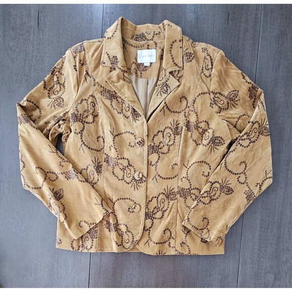 ERIN LONDON Tan Velvet Blazer Jacket Brown Sequin Embellished Size L Velor - Picture 1 of 10